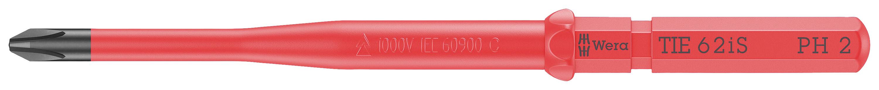 Červený šroubovák s černou křížovou špičkou, model 'TE-621S PH 2' na rukojeti.