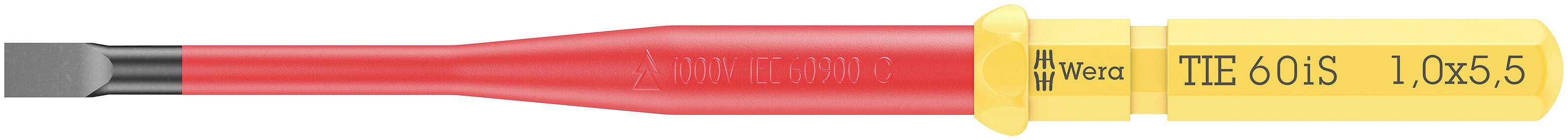 Šroubovák s izolovanou rukojetí v červeno-žluté barvě, plochý hrot. Označený nápisem 'Wiha' a informacemi 'TTE 60 IS 1,0x5,5'.