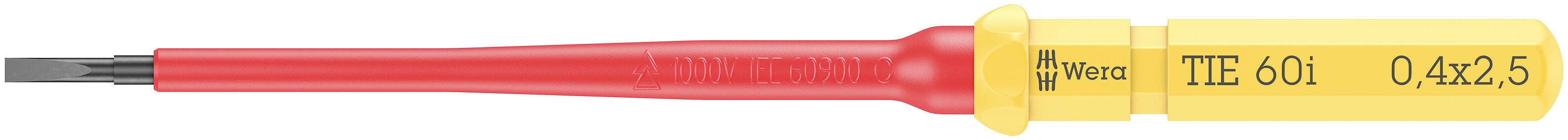 Šroubovák s žlutou rukojetí a červenou rukojetí, nápis 'TE 601 0.4x2.5', vhodný pro přesné práce.