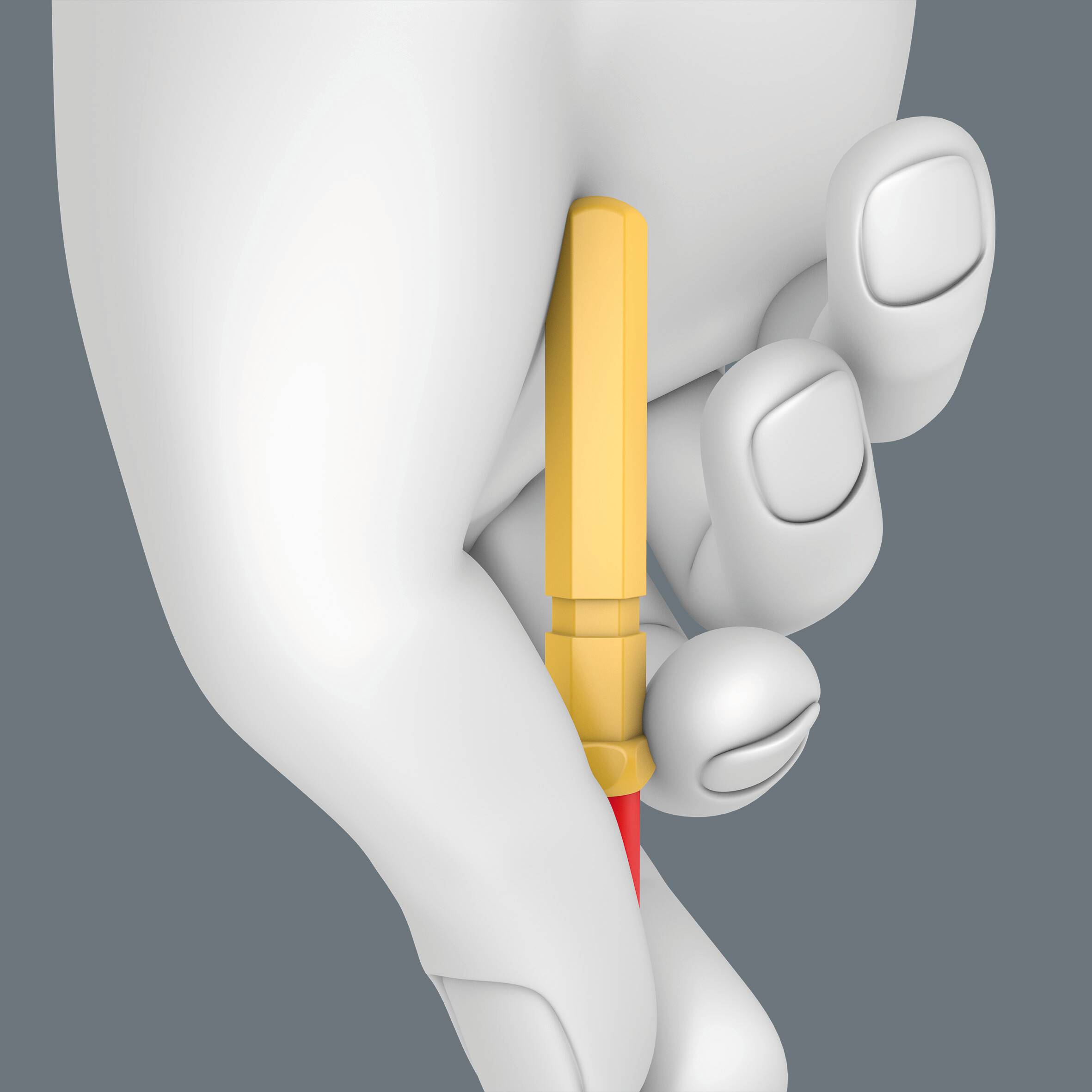 Bílá animovaná ruka drží žlutou tužku na šedém pozadí.