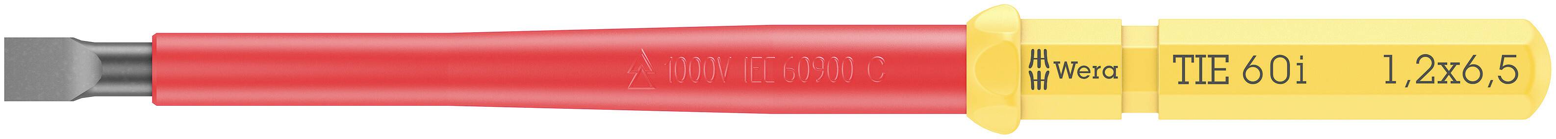 Žlutý a červený šroubovák typu TTE 601 o velikosti 1,2x6,5.
