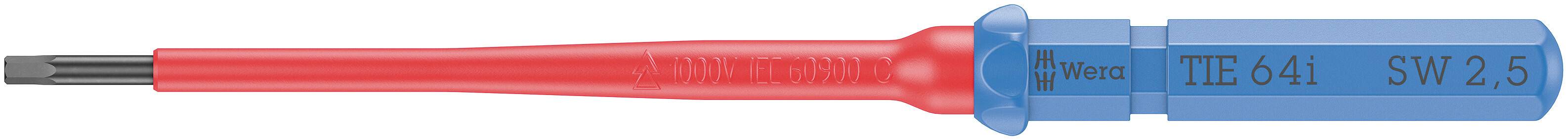 Šroubovák 'Kraftform Micro' s červeným držadlem a modrou čepičkou, modelové označení 'T10 x 60 SW 2,5', pro přesné práce.