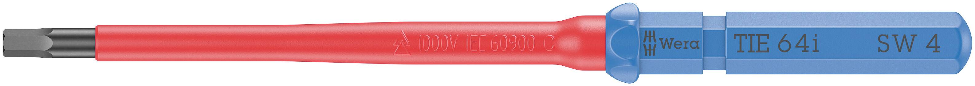 Červený a modrý šroubovák s nápisem 'Wera', '7166 A', 'SW 4'.