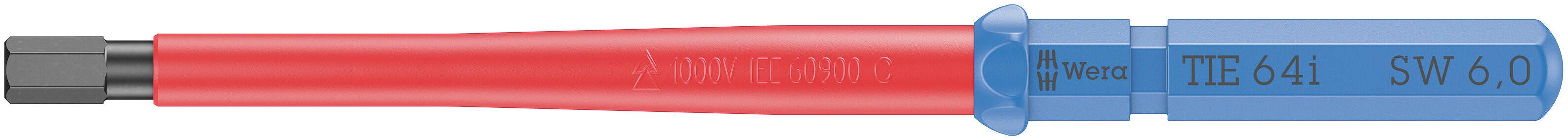 Červený šroubovák se štěrbinou s modrým držadlem, označený 'TEC 641 SW 6,0'. Hřídel je vyrobena z kovu.