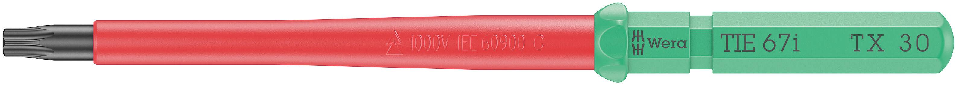 Červený šroubovák se zelenou rukojetí, označený štítky 'TBE 21' a 'TX 30'. Má nástavec ve tvaru Torx.