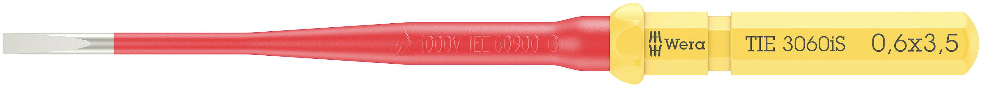 Šroubovák s červeným držadlem a žlutým víčkem, nápis 'Wera PH 360iS'. Délka čepele 0,6 x 3,5 mm.