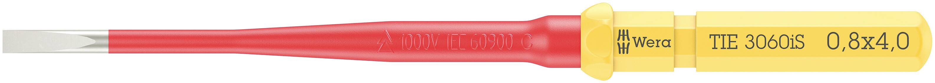 Šroubovací nástavec s červeným držadlem a žlutým víčkem, na kterém je nápis 'Wera 0.8x4.0'.