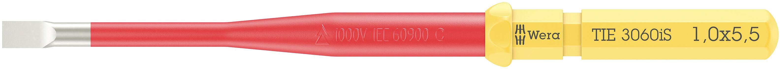 Červený šroubovák s izolací a žlutou rukojetí, označený nápisem 'Wiha', 'T18 306 05' a '1.0x5.5'.