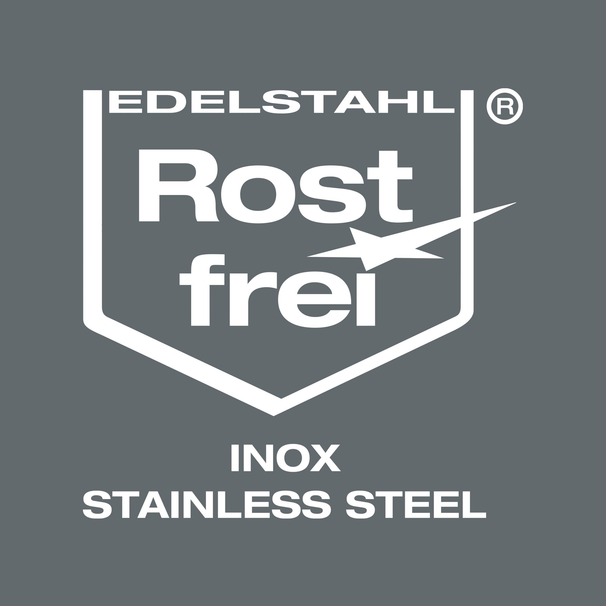 Obrázek zobrazuje logo pro 'Ušlechtilá koroziodolná ocel'. Obsahuje termíny 'Inox' a 'Stainless Steel' na šedém pozadí.