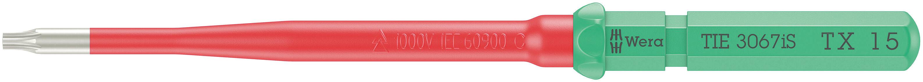 Šroubovák Torx, velikost TX 15, se zelenou rukojetí a červeným dříkem, určený pro přesné řemeslné práce.