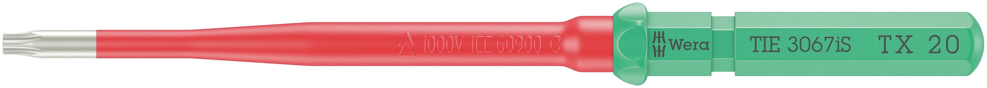 Šroubovák s červeným ostřím a zelenou rukojetí. Na rukojeti je nápis: 'Wiha.' Číslo modelu: '36869 TX20.'