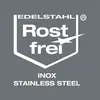 Logo 'Rostfrei Edelstahl Inox Stainless Steel' na šedém pozadí. Symbolizuje dlouhodobě odolnou, korozivzdornou ocel.