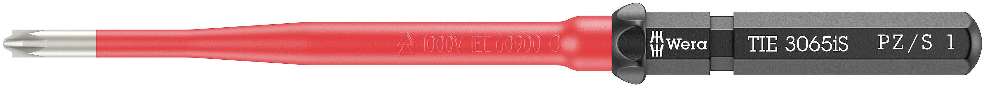 Červený šroubovák s černou rukojetí a nápisem 'TITE 36505 PZ/S1' na rukojeti.