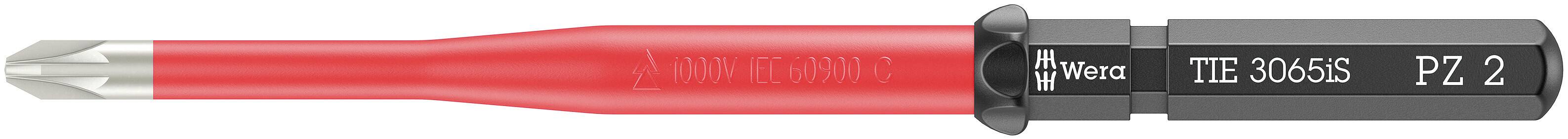 Červený šroubovákový bit s křížovou špičkou, označený štítkem 'Wera TID 35065' a 'PZ 2'.