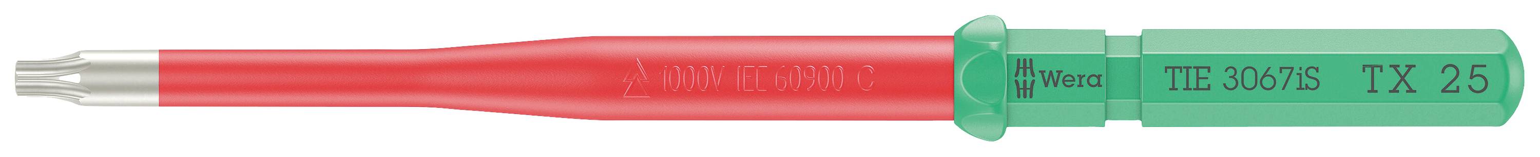 Červený a zelený nástavec šroubováku s nápisem 'Wera TE 62025 TX 25', vhodný pro šrouby Torx.