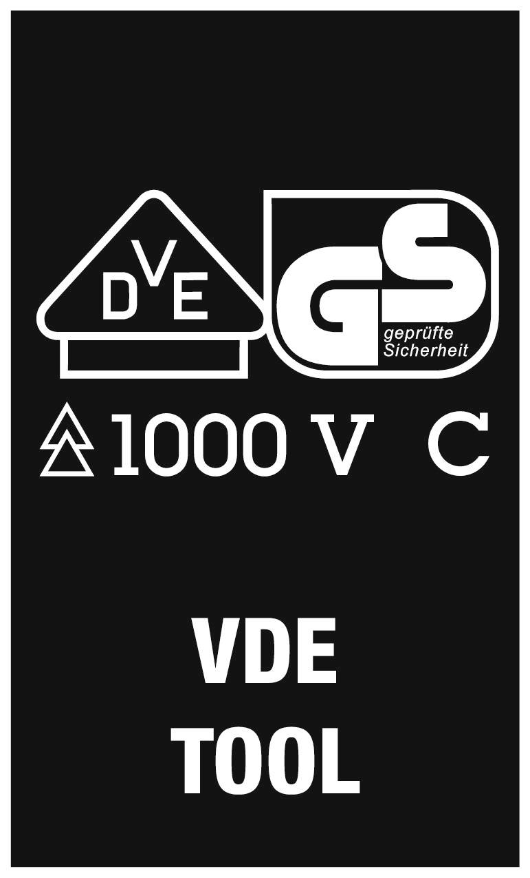 Symboly 'VDE' a 'GS' s označením 'ověřená bezpečnost'. Text: '1000 V', 'VDE TOOL'. Signalizuje bezpečnostní standardy.