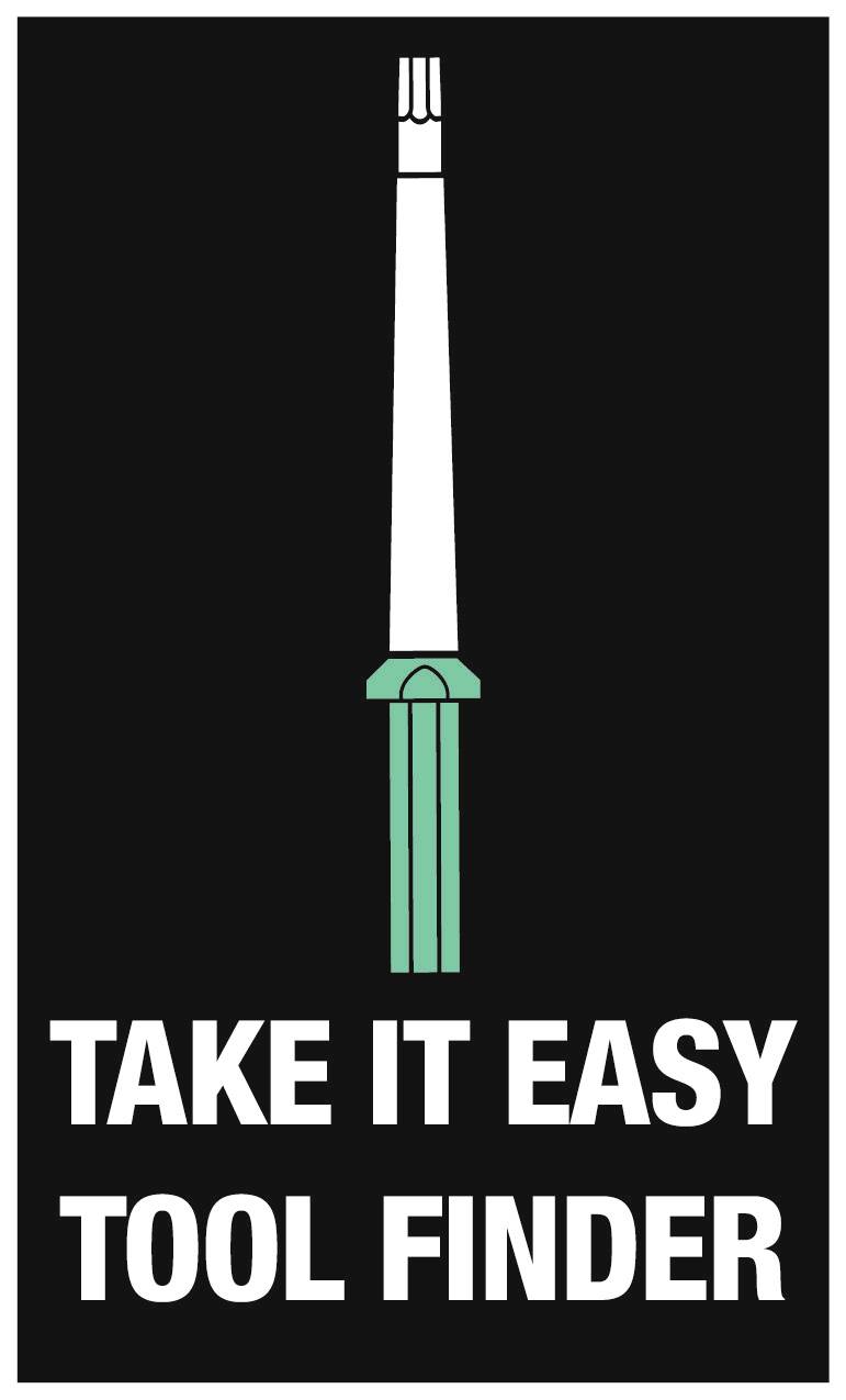 Černé pozadí se stylizovaným nástrojem uprostřed. Pod ním text 'TAKE IT EASY TOOL FINDER'.