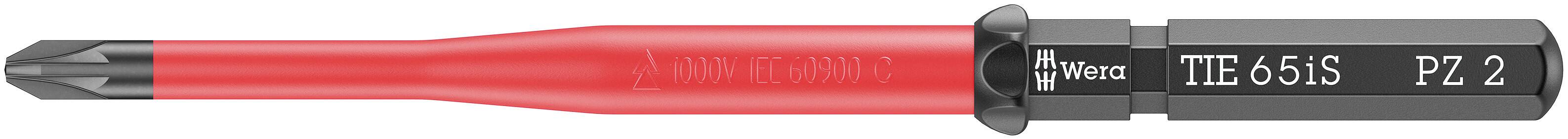 Červený šroubovací bit s černým hrotem a nápisem 'ITE 65 S PZ 2' na dříku. Vhodný pro šrouby Pozidriv.