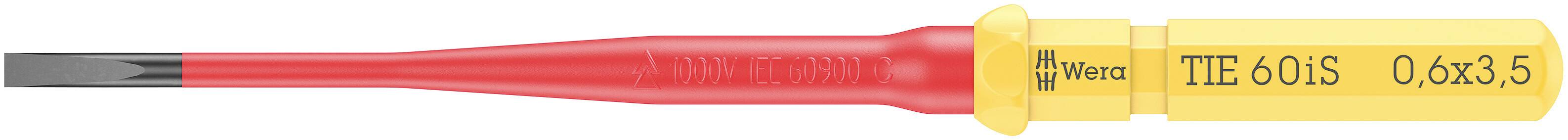 Plochý šroubovák s červenou rukojetí a žlutou izolací, označený 'TT 60 S 0.6x3.5'.