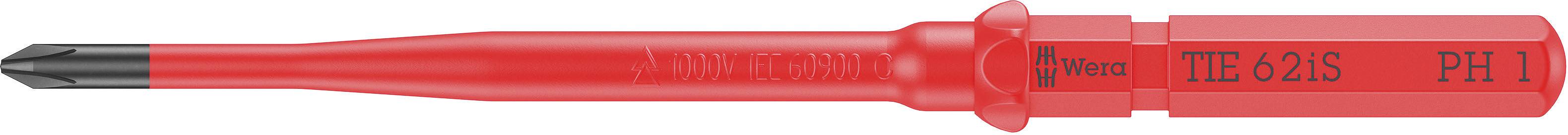 Červený šroubovák s izolovanou rukojetí, vhodný pro práci s elektrickými zařízeními, křížový bit.