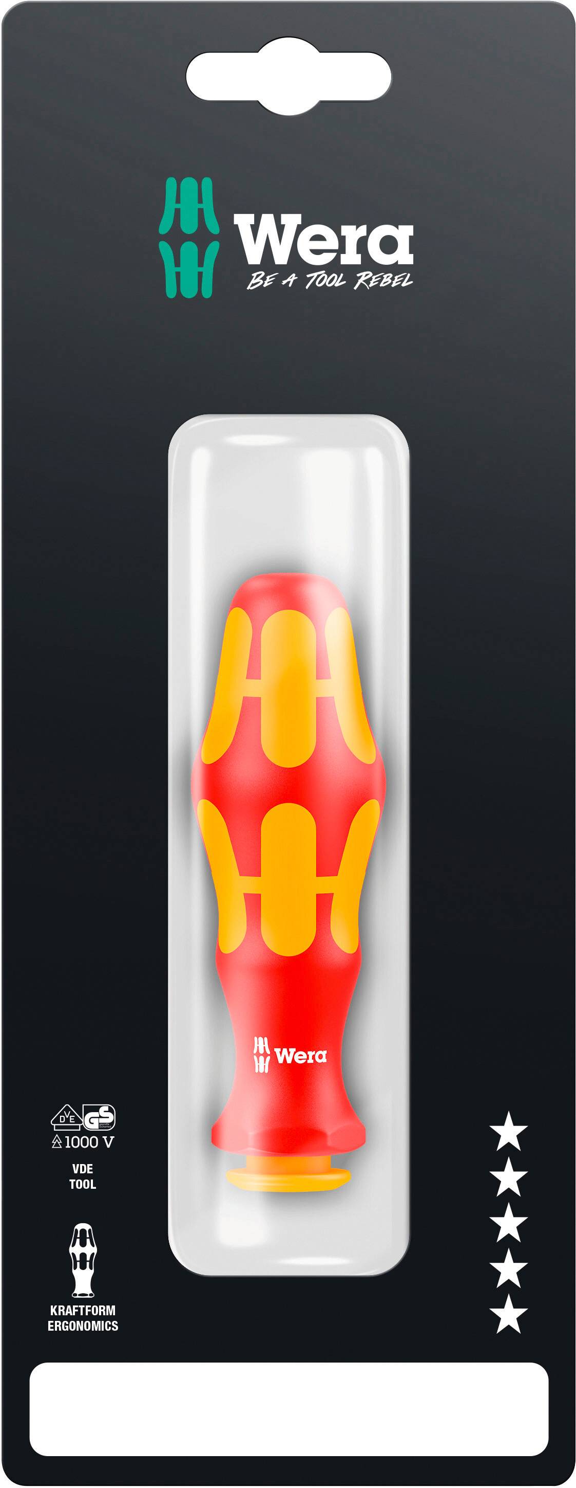 Rukojeť šroubováku 'Wera Kraftform Big K' zabalená. Červený a žlutý design, vhodný pro práce až do 1000 V. Název značky a logo nahoře.