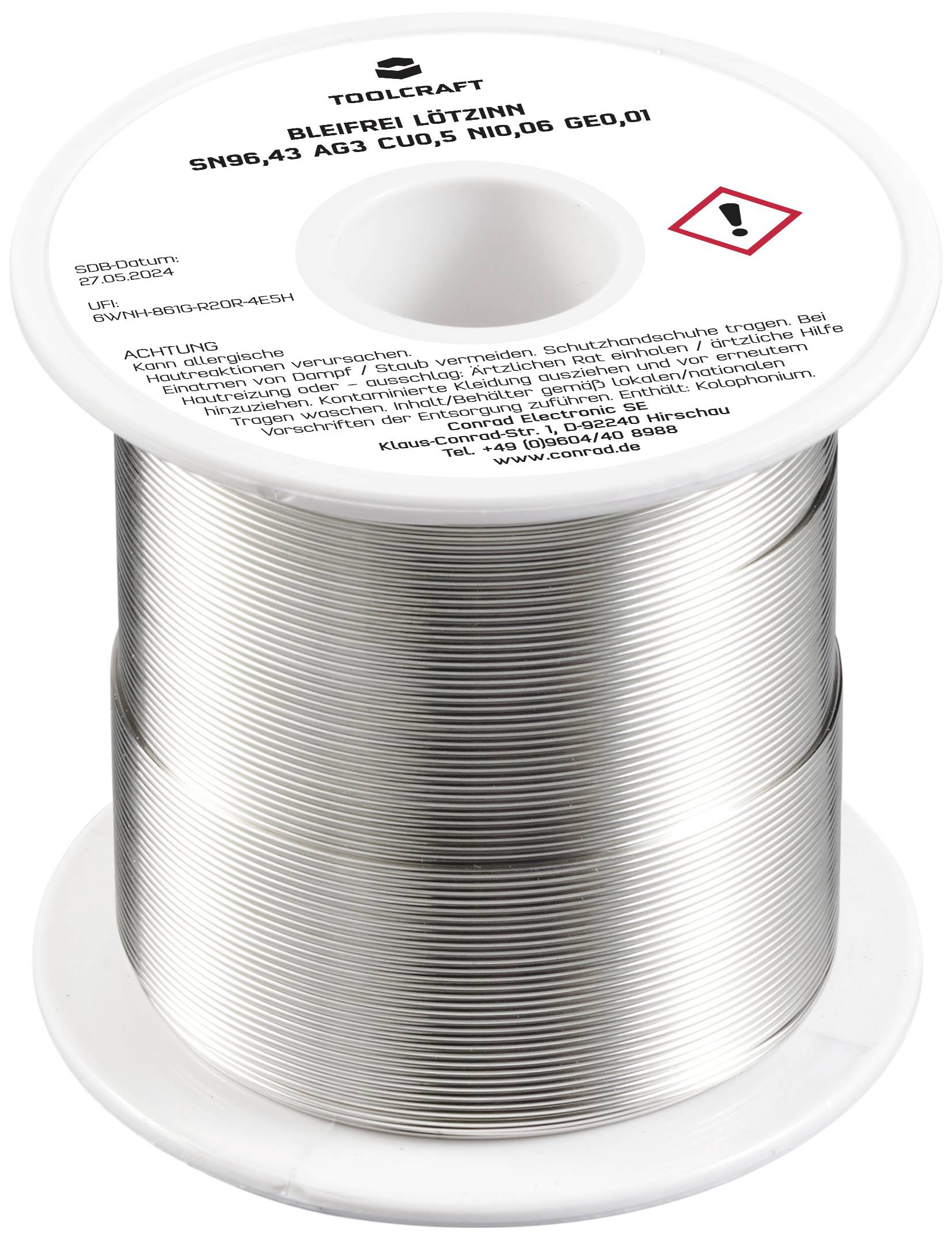 Cívka bezolovnatého pájení s nápisem 'TOOLCRAFT Bezolovnatý pájecí drát SN96,43 Ag3 Cu0,5 Ni0,06 GE0,01'.