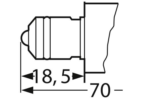 Technický výkres pera s rozměry 18,5 mm a 70 mm, které znázorňují vzdálenost a délku na jedné ose.