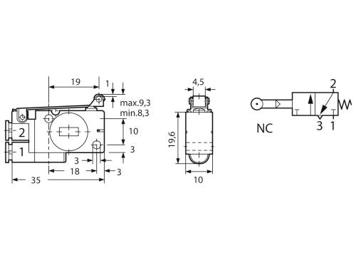 Technický výkres mikrospínače s rozměry a symetrickým diagramem otevíracího ventilu, označený jako NC.