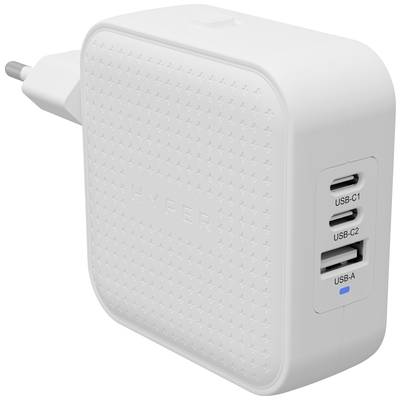 Bílá nabíječka s USB-C1, USB-C2 a USB-A porty na straně. Je navržena pro rychlé nabíjení zařízení.