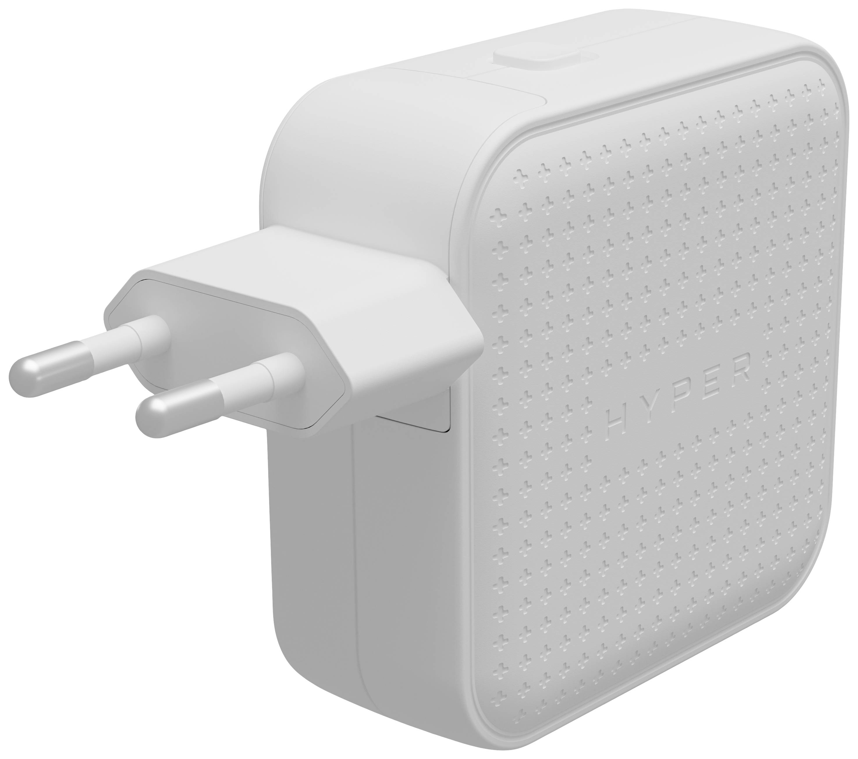 Bílá USB nabíječka s evropskou zástrčkou a strukturovaným pouzdrem.