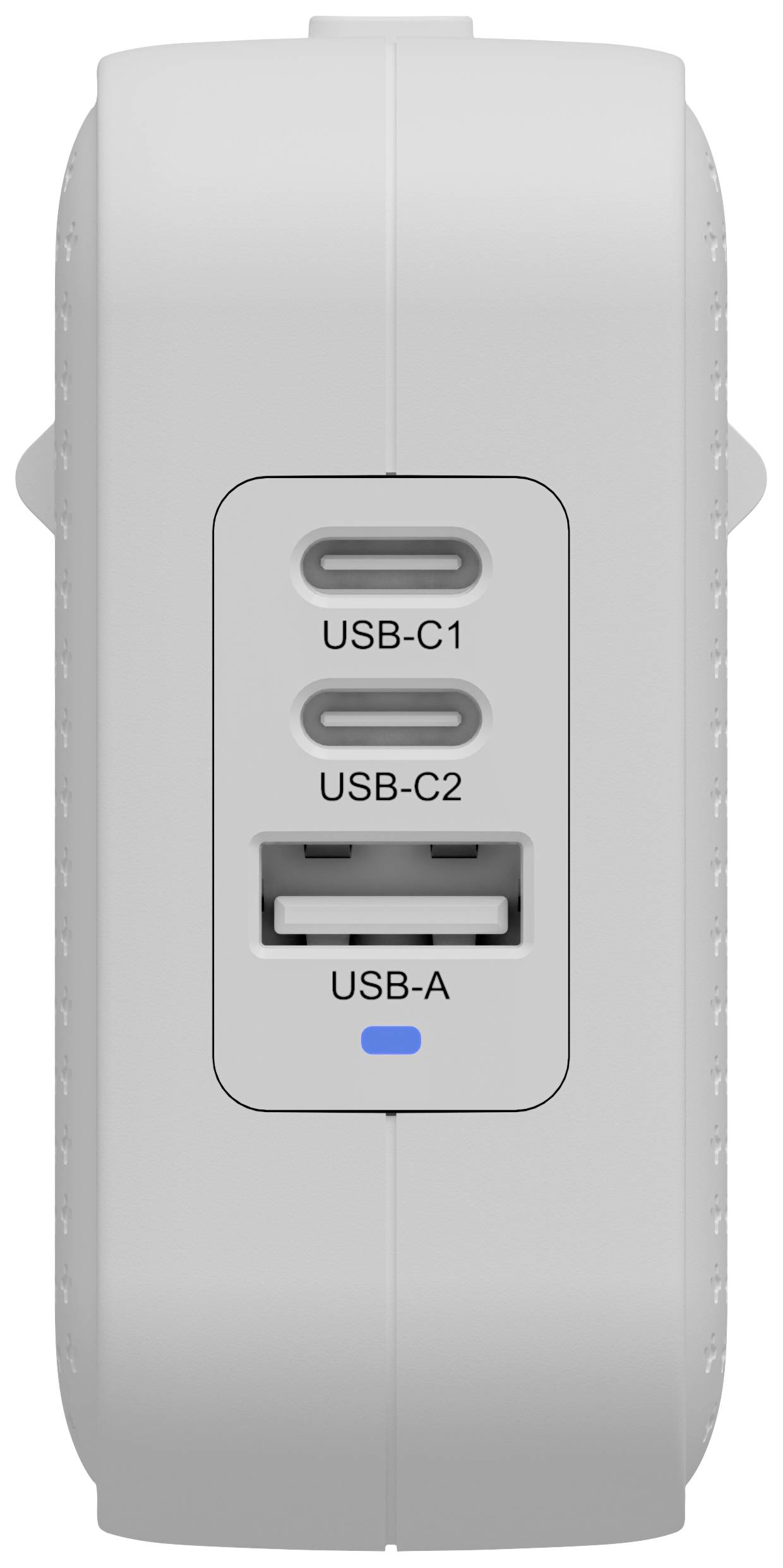 Powerbanka se třemi konektory: dva USB-C a jeden USB-A, určená pro současné nabíjení několika zařízení. Bílý povrch, modrý indikátor nabíjení.