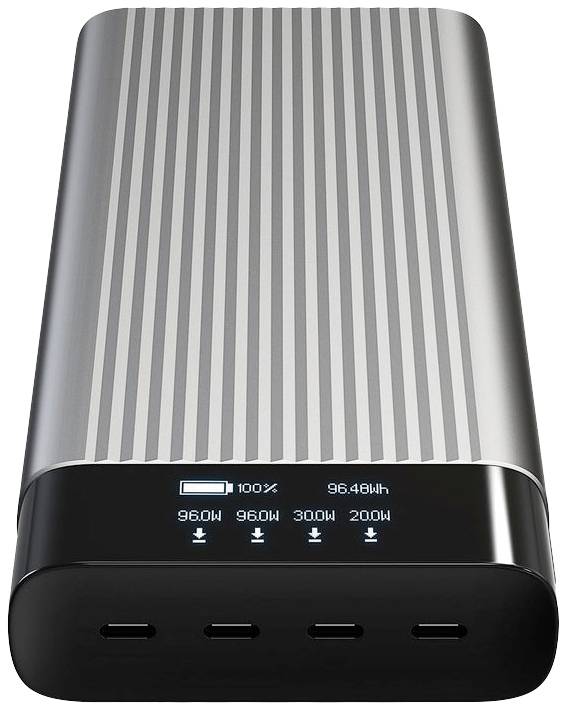 Stříbrná přenosná powerbanka s digitálním displejem zobrazuje '100%' a '96.48Wh'. Je vidět čtyři USB-C porty.