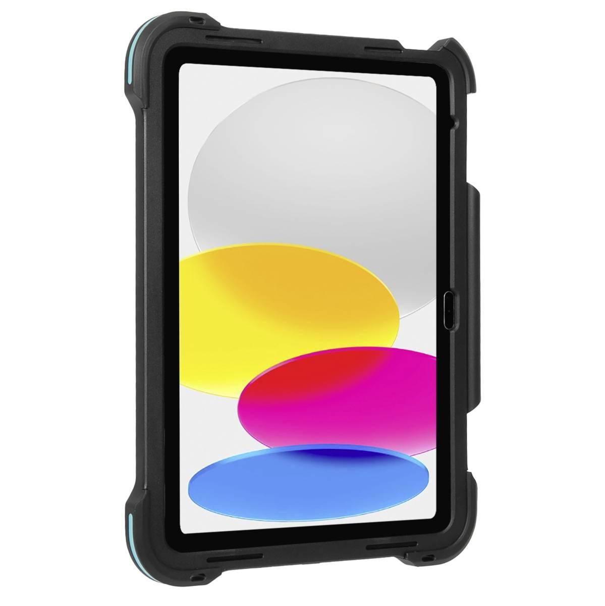 Tablet v pevném černém ochranném pouzdře, displej zobrazuje pestré, překrývající se kruhy v žluté, růžové a modré barvě na bílém pozadí.