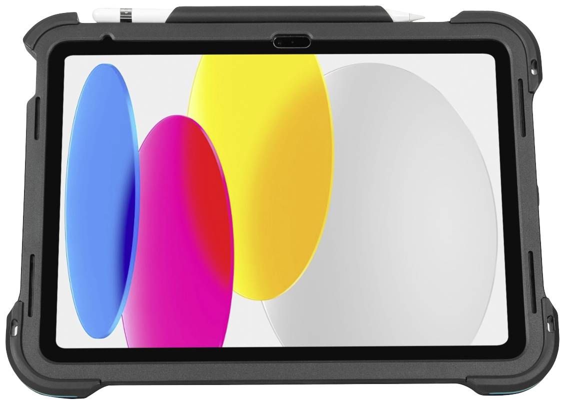 Tablet s robustním černým pouzdrem; na obrazovce jsou vidět barevné oválné tvary v modré, růžové, žluté a bílé barvě.
