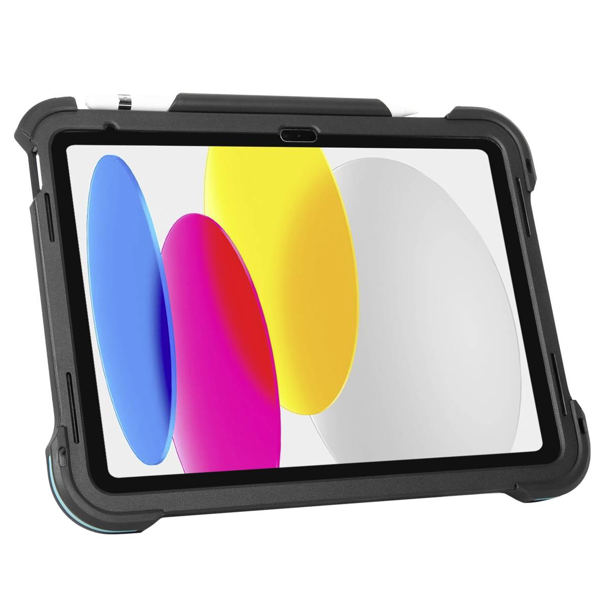 Robustní tablet s tmavým krytem zobrazuje obrazovku s barevnými, překrývajícími se oválnými tvary.