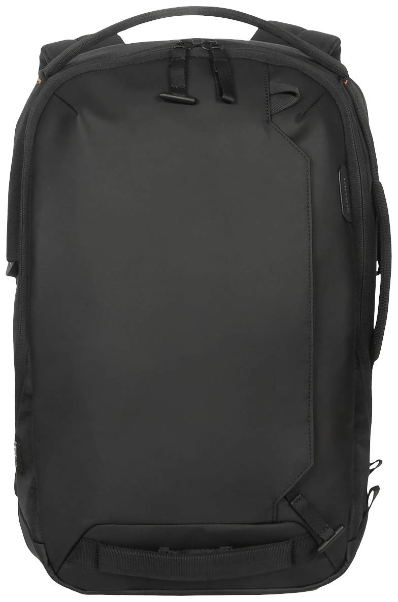 Černý, moderní batoh s několika zipsy a ergonomickým designem.