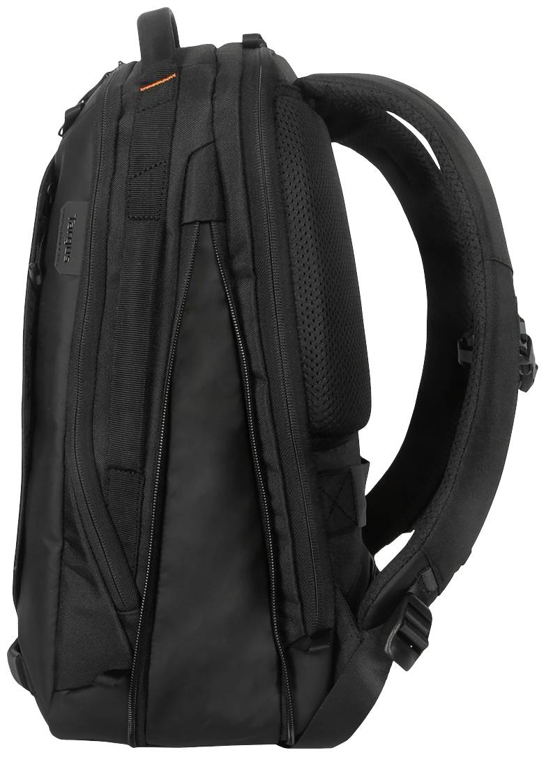 Černý batoh s polstrovanými ramenními popruhy, několika zipovými kapsami a ergonomickým designem pro pohodlné nošení.