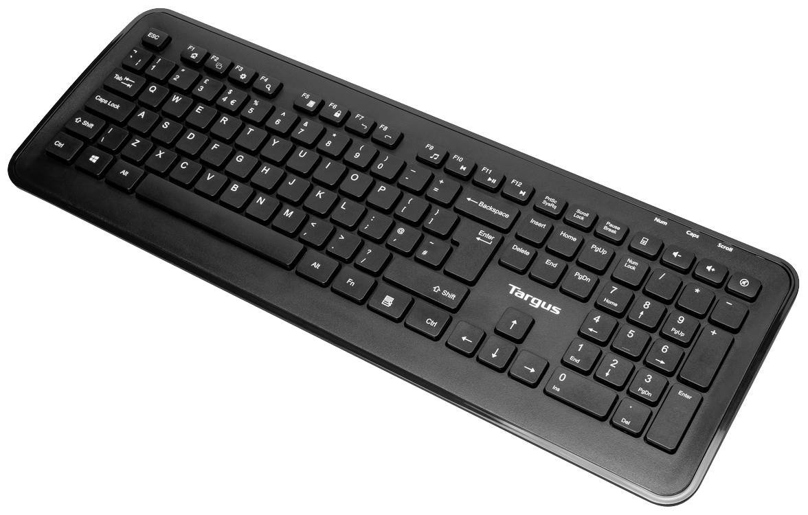 Černá počítačová klávesnice s rozvržením QWERTZ, šipkovými klávesami a numerickým blokem, vhodná pro kancelářské aplikace v PC.