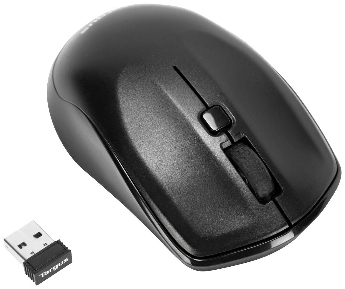 Bezdrátová počítačová myš v černé barvě s USB přijímačem, vhodná pro použití s počítači nebo notebooky.