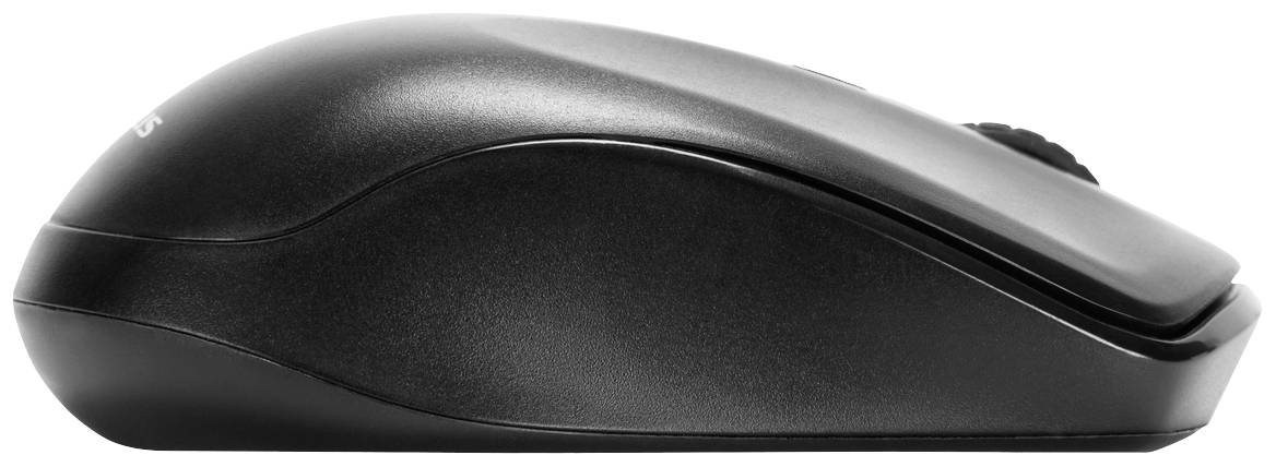 Černá bezdrátová počítačová myš, fotografovaná z boku, na bílém pozadí. Hlavní charakteristika: kolečko pro scroll a ergonomický tvar.