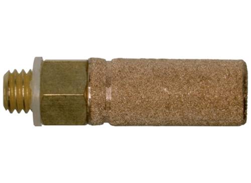 Válcový hnědý filtr s kovovým šroubením. Filtr se zdá být vyroben z porézního materiálu.