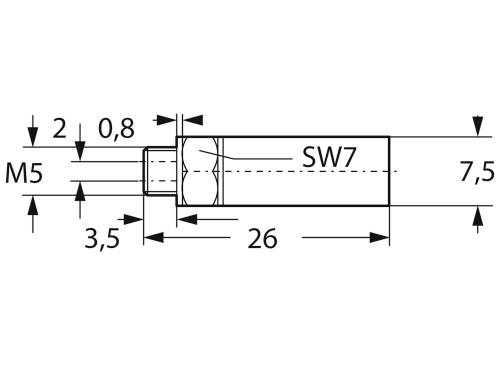 Technický výkres válce, rozměry: délka 26 mm, průměr SW7, závit M5, další rozměry 2 mm, 0,8 mm, 3,5 mm, 7,5 mm.