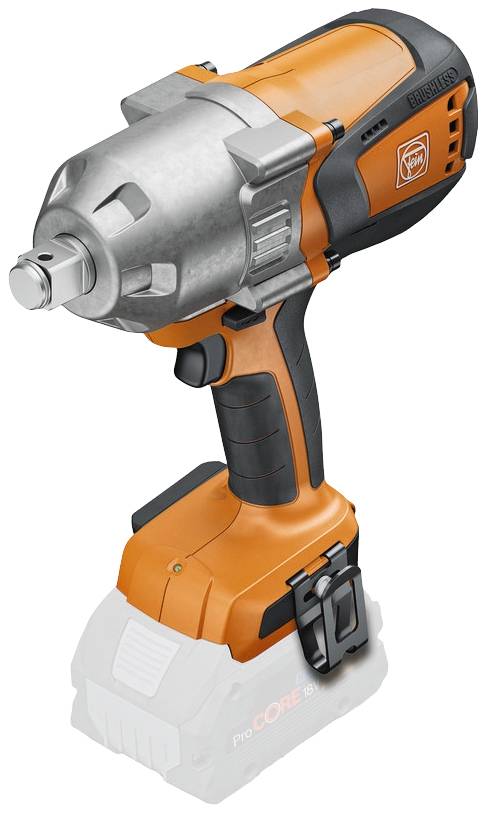 Oranžový akumulátorový rázový utahovák s robustním tělem a ergonomickou rukojetí. Prostor pro baterii je viditelný zespodu.
