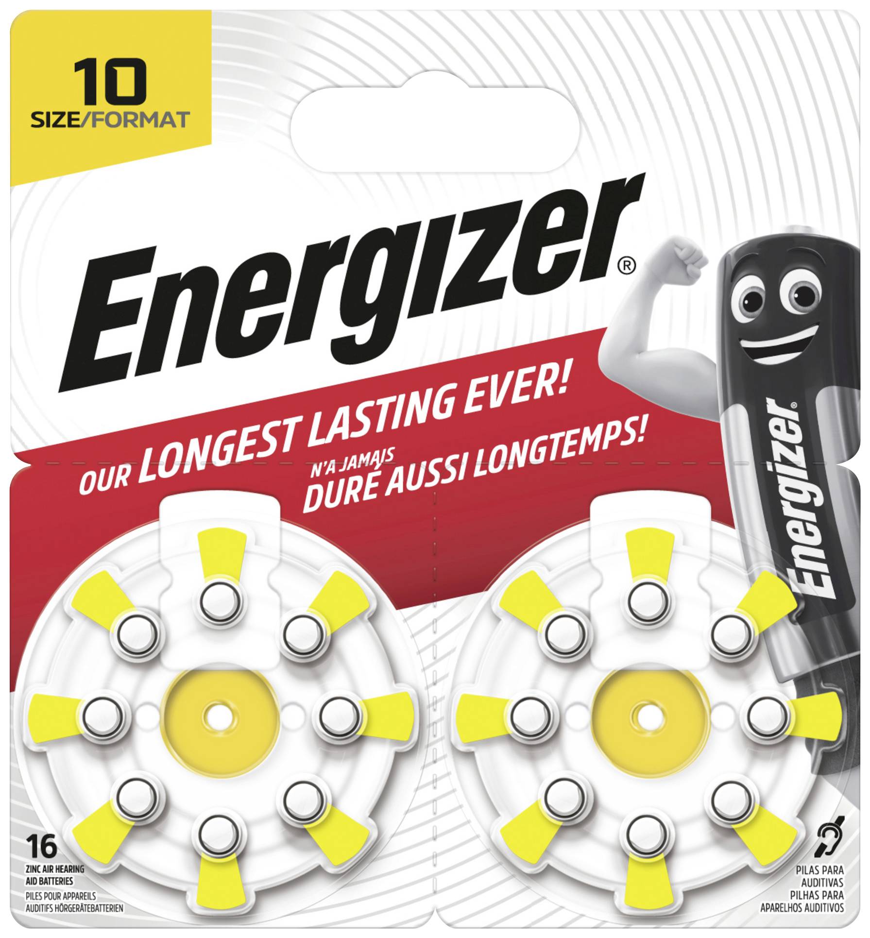 "Balení se dvěma žlutými a bílými knoflíkovými bateriemi značky Energizer. Text na obalu: "Naše nejtrvanlivější baterie!""