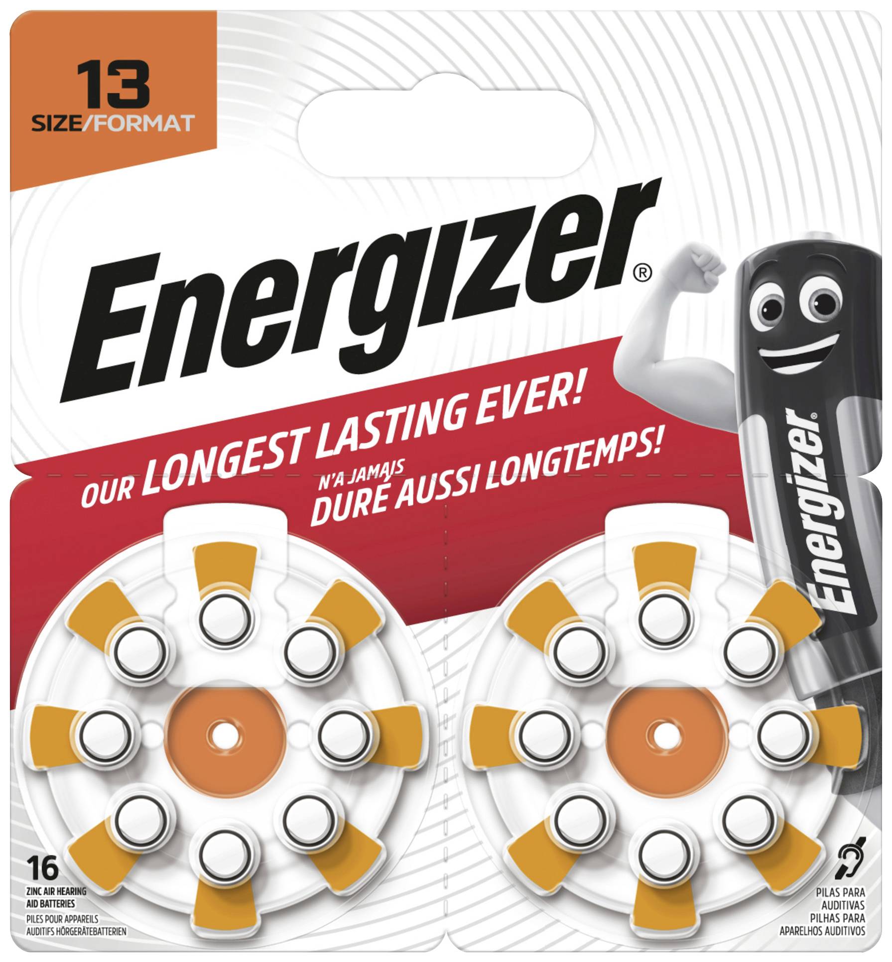 Baterie do naslouchadel Energizer, formát 13, zabalené ve dvou discích s masktem na pravé straně.