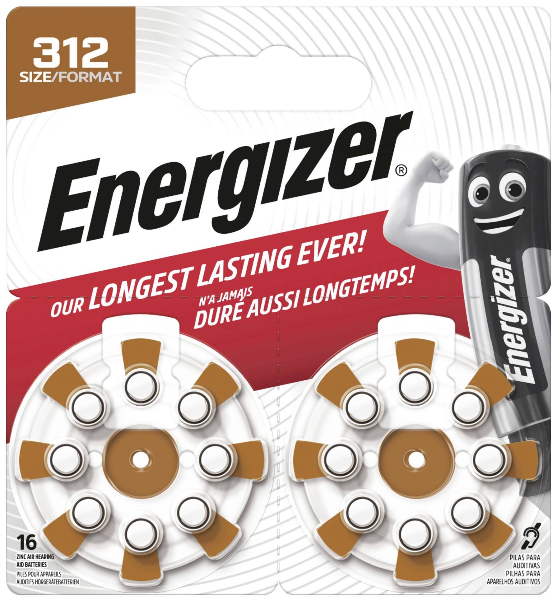 Dvě balení baterií do naslouchadel značky Energizer, velikost 312, s nápisem "Naše dosud nejdelší výdrž!"