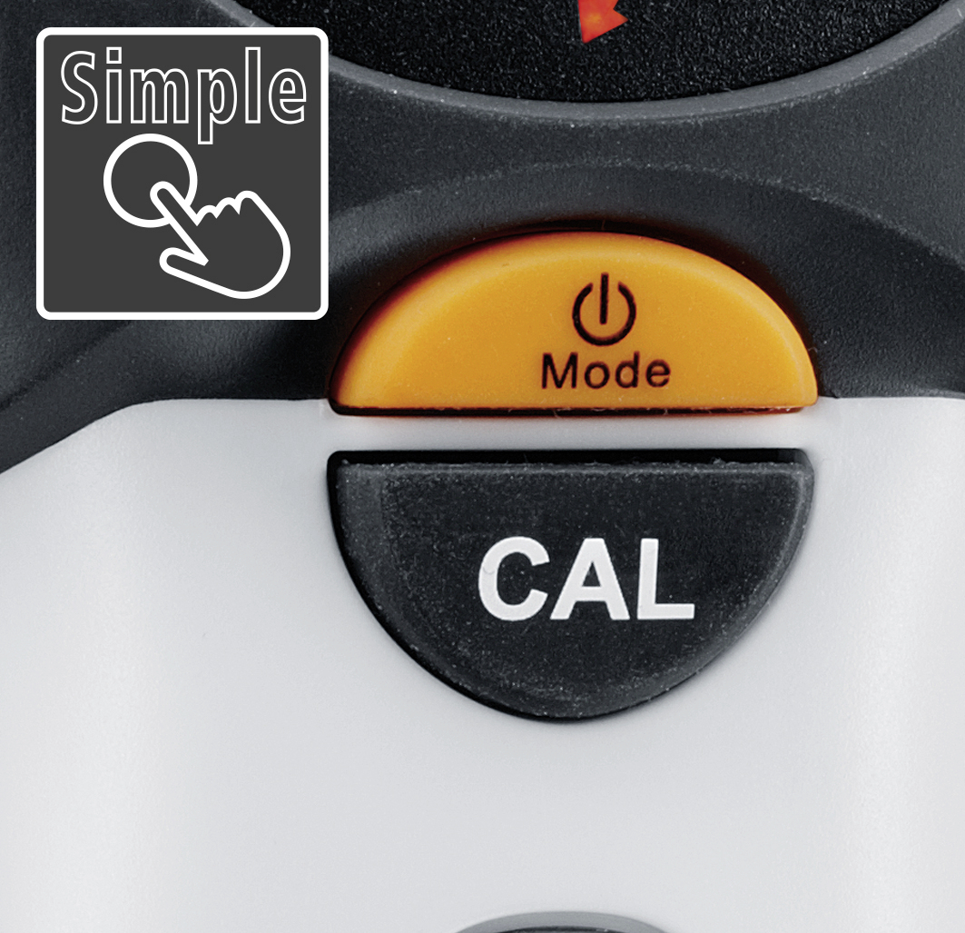 Detailní záběr elektronického zařízení s tlačítky 'Mode' v oranžové barvě a 'CAL' v černé. Vlevo nahoře symbol 'Simple' s prstem.