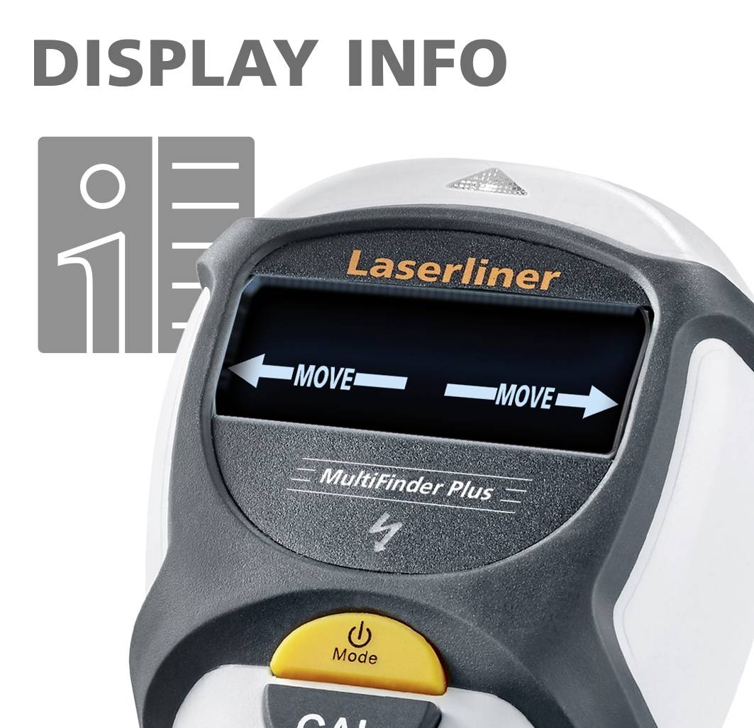 Přístroj 'Laserliner MultiFinder Plus' s podsvíceným displejem, zobrazující navigační šipky 'Move'. Na pozadí symbol pro informace na displeji.