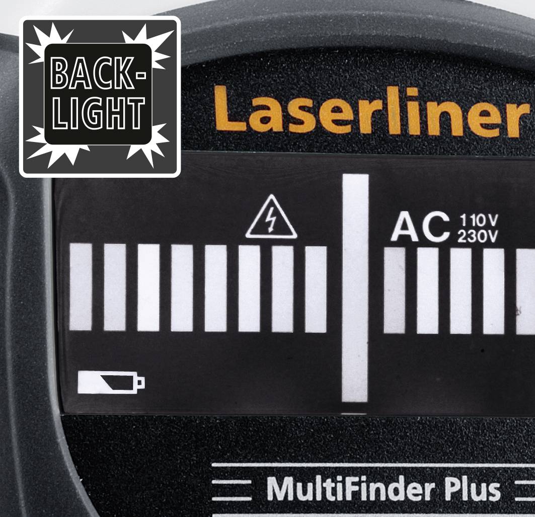 Displej 'Laserliner MultiFinder Plus'. Zobrazuje symboly stavu baterie, napětí (AC 110V/230V). Zaměření na funkci podsvícení a vědecké symboly.