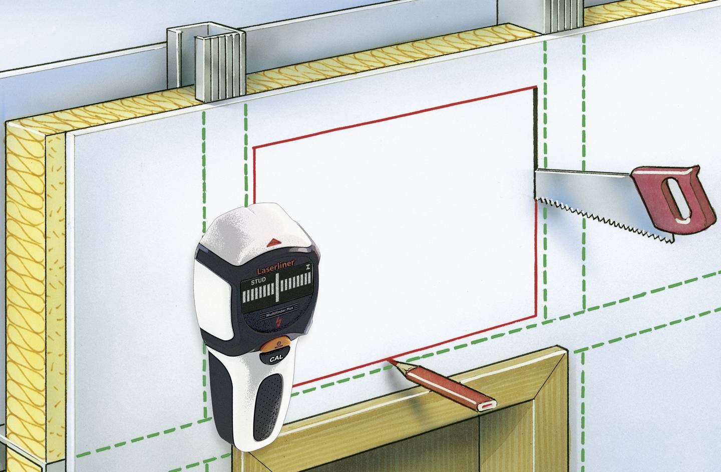 Obrázek ukazuje zeď s nástroji pro instalaci elektroniky, včetně laserové vodováhy a pily.